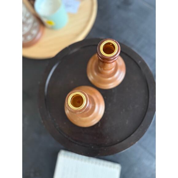 Pair of Vintage Wood Taper Candle Holders with Brass Inserts - Picture 2 of 2